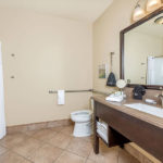 ADA accessible bathroom with roll-in shower and grab bars