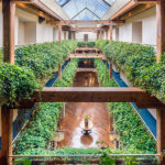 hotel atrium with greenery covering the support beams